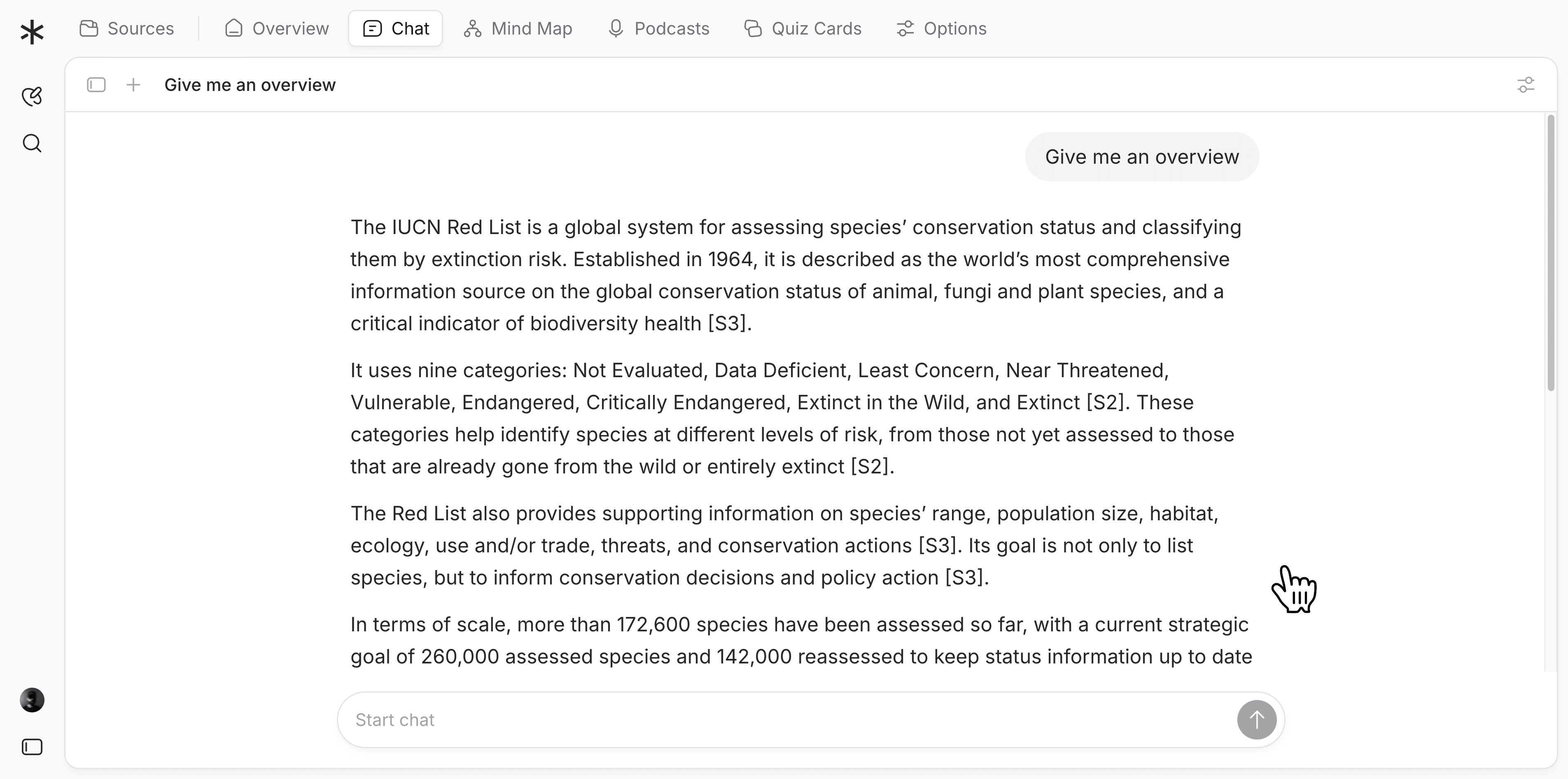 ResearchAI chat answering a question with citations from your sources